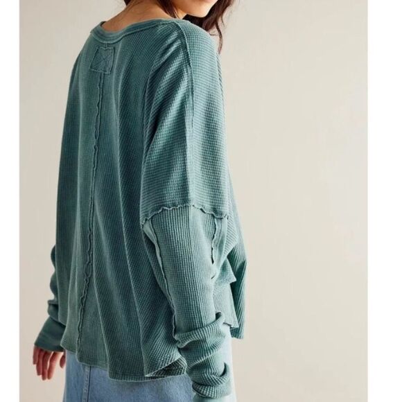 Free People We the Free Microphone Drop Casual Thermal Top Size Small Blue Green - Picture 3 of 8